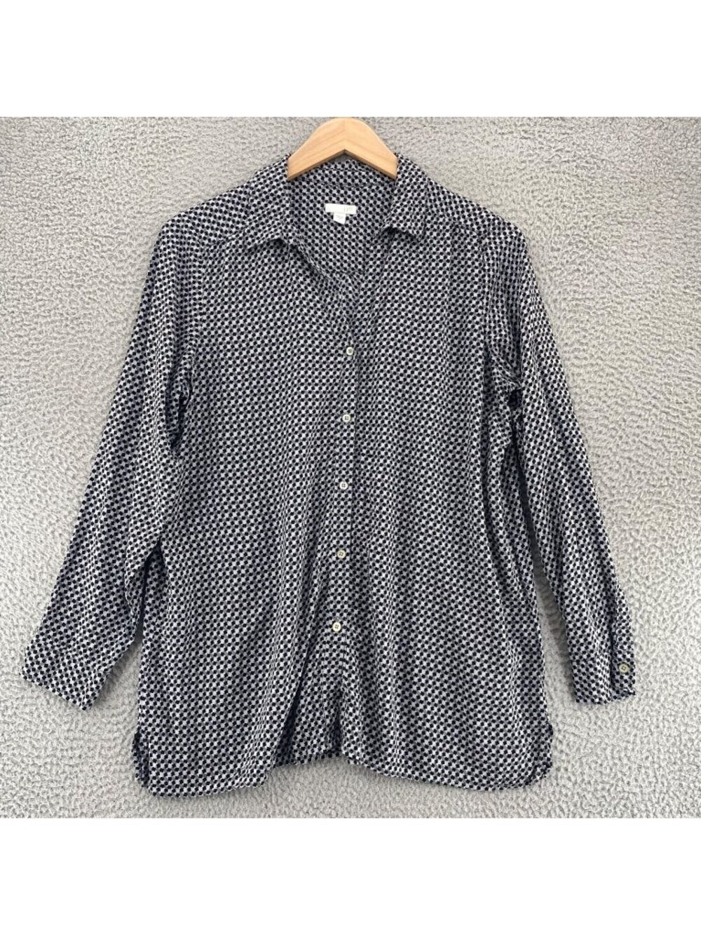 J Jill Shirt Womens Large Gray Black Check Button Up Long Sleeve Collared V Neck